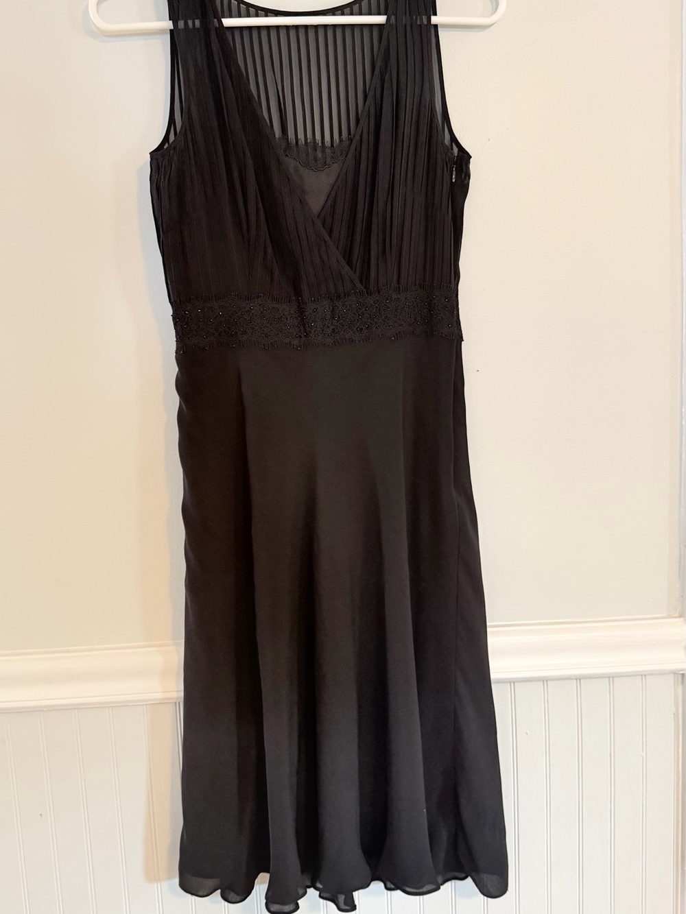 Ann Taylor Silk Pleated Lace Embellishment V-Neck Dress